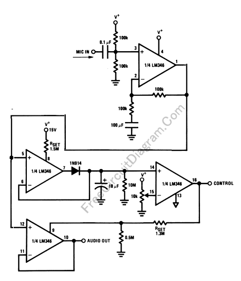 Voice Operated Switch Vox Circuit Using Lm346 For Public Address Amplifier System Electronic Circuit Diagram