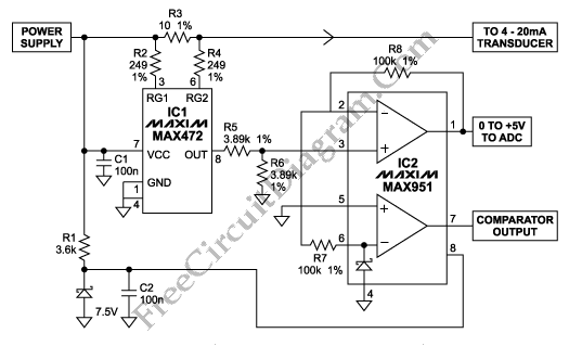 High-Side Current Sense Amplifier Coverts 4-20mA Signal to 0-5V