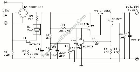 2N3055 Variable Power Supply - Electronic Circuit Diagram