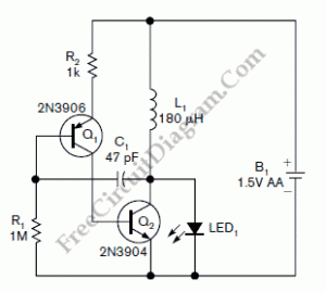 Two Transistors Single Cell Battery LED Driver – Electronic Circuit Diagram