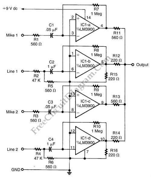 LM3900 Audio Mixer Circuit