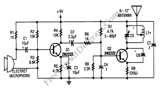 Simple 9V Wireless Microphone FM Transmitter Electronic Circuit