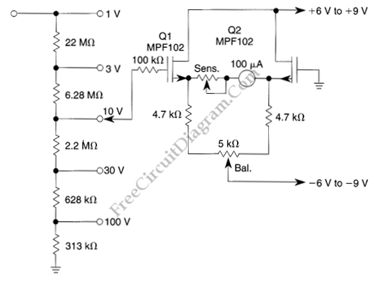 Low-Drift High-Impedance JFET DC Voltmeter – Electronic Circuit Diagram